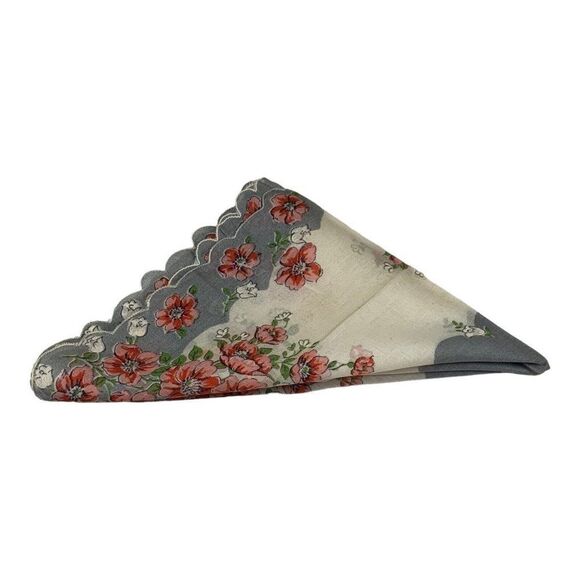 Vintage Victorian scalloped edged floral handkerchief Flowers Gray Pink Scarf - Picture 2 of 4
